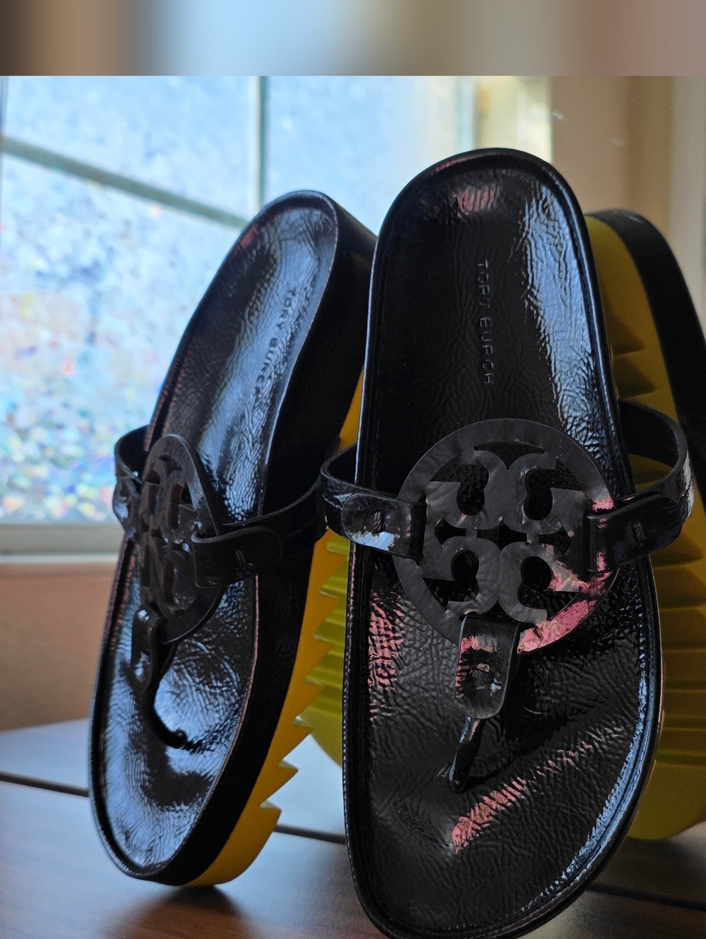 Tory Burch Black Patent Slides with Yellow Zigzag Platform - Picture 3 of 4